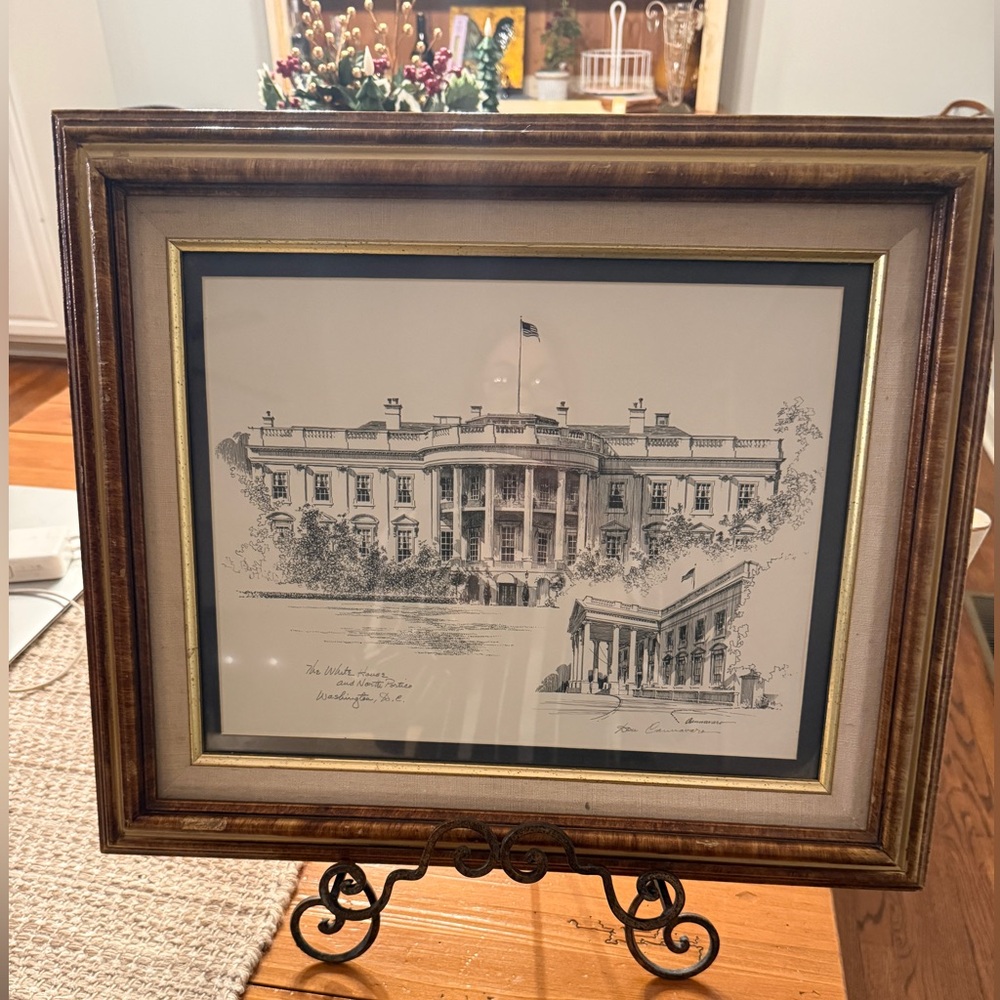 Framed print of the White House & North Portico signed artist Don Cannavaro